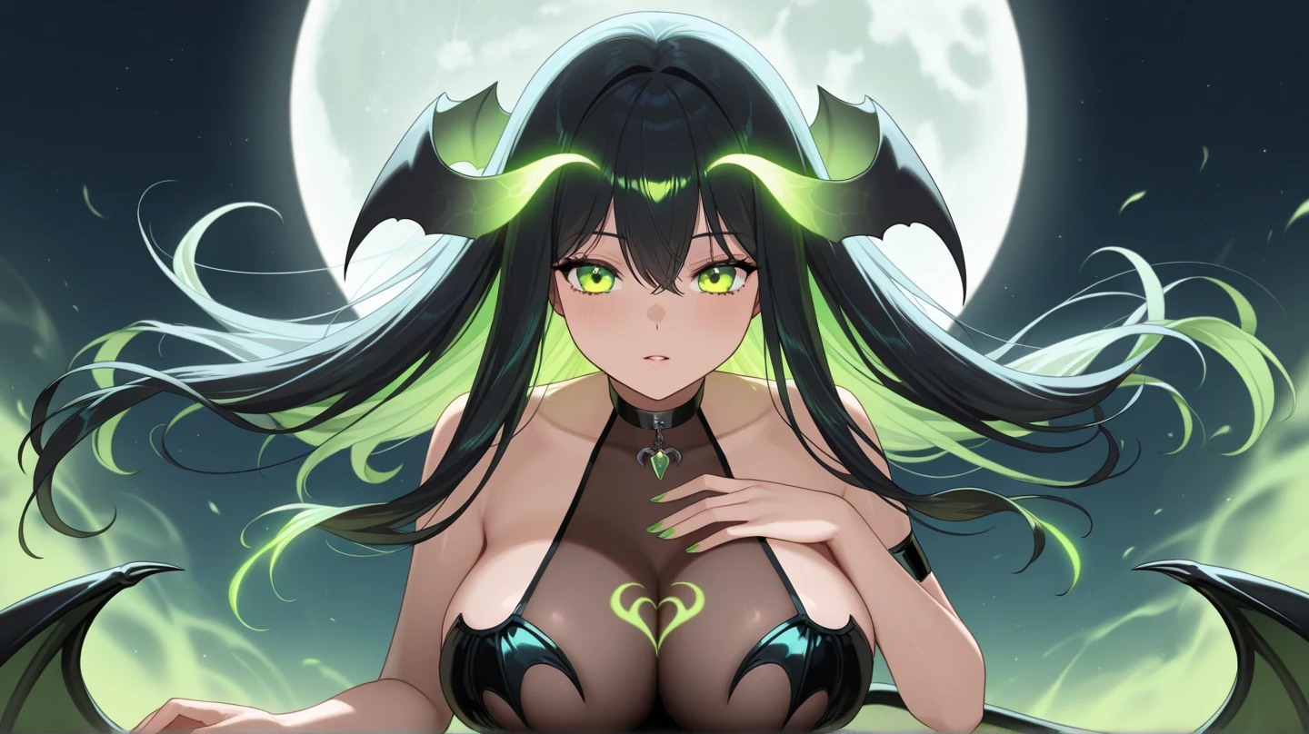 She is a green demon beastkin.、Yellow eyes、Big eyes、Beautiful skins、Hairless pubic area、Mega Mini、tchibi、cute smile face、sexypose