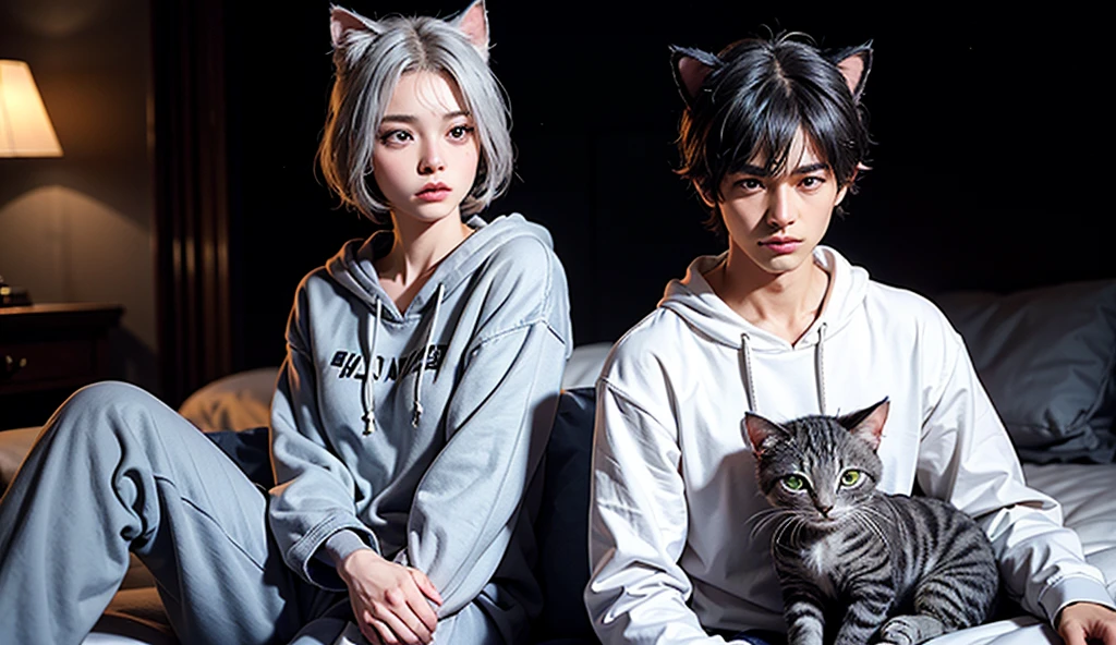 (((couple))),A cat and a dog, 𝓡𝓸𝓶𝓪𝓷𝓽𝓲𝓬，Warm，intimacy, catss, doggy, adolable, cheerfulness, and harmonious，water ink，Warm，black andwhite