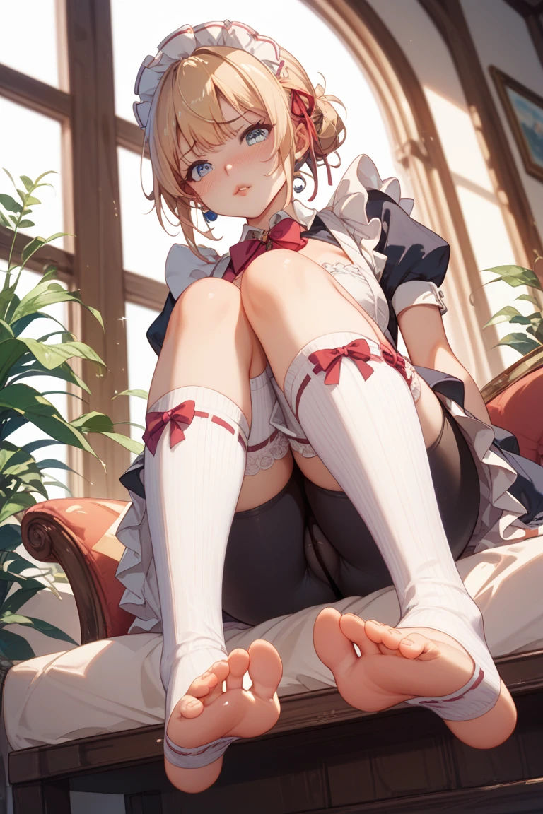 masterpiece、Highest quality、Highest quality, (Long, slender legs, shoes:1.2), (squat, Spread your legs), 1 girl, (smile、Open your mouth大笑い:1.2), Cute eyes, (Detailed face:1.3)、Open your mouth, The whole face turns red, alone, Oversized breasts, Big and ample breasts, (Straight bangs, Bobcut), (White maid outfit:1.2)、(Nipples、Ultra-micro bikini that only covers the bust digs into the skin:1.2)、Side bust、Underbust、belly button、Walking through the mansion'corridor、Browsing Caution、shoes下