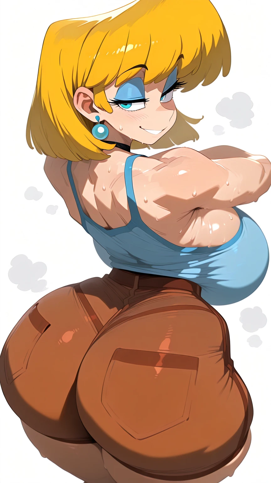 Tall girl big chest yellow hair behind a Mencho braid her ear Bright blue eyes big eyelashes dresses blue top blue long sleeves shows sexy navel and her black latex pants