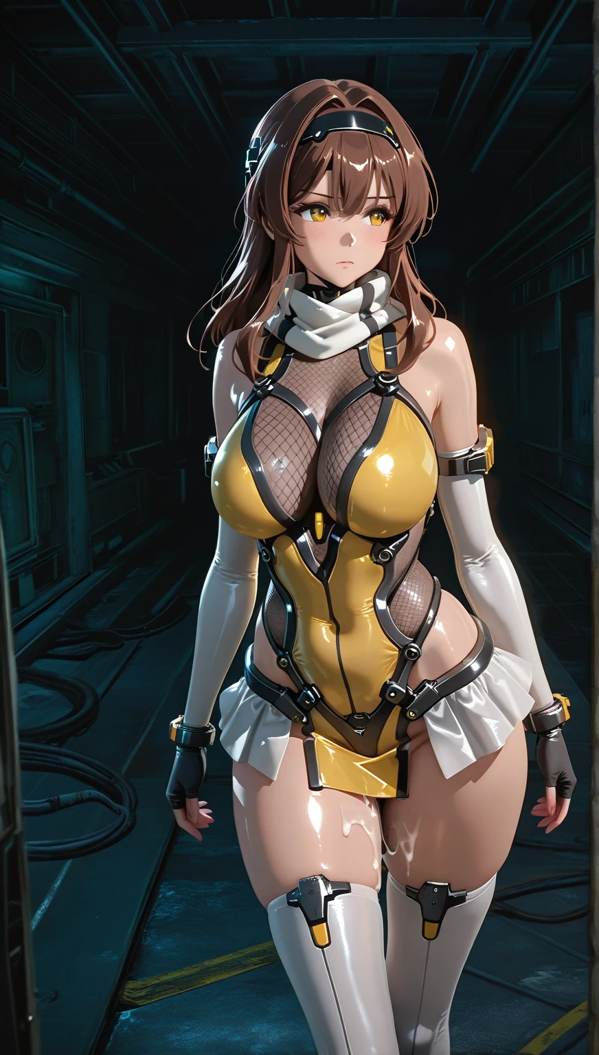 takamori haruka、最high quality、high quality,, (((全身にEntangledTentacles:1.5, Tentacles, Entangled:1.4, Tentaclesが全身に:1.2))), ((Masseter muscle area)), ((High resolution)), ((最high quality)), ((Ultra-realistic texture)), detailed, ((Glowing Skin)), (Shiny Yellow Bondage, Ripped black hot pants, Black muffler), Big Tits:1.5, Voluptuous bust, exposed navel, Bowl-shaped big breasts, (View from the front, Looking at the audience:1.5)、((background:Inside the futuristic facility:1.4))