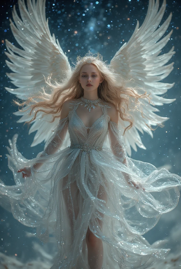 (Best Quality), (ultra-detailliert), (masuter piece), (hight resolution), (Original), (the Extremely Detailed CG Unity 8K Wallpapers), 16K resolution, 4k resolution, depth of field, bokeh, HDR, 1 girl, 18 years young, archangel, Snow_Angel, 2 huge white angel wings, 2 detailed angel wings, angel wings are fully stretched out, outstretched wings, blue eyes, white blond hair, long hair, beautiful face, detailed eyes, luscious lips, white satin dress, long and fitted dress, off the shoulder dress, sleeveless dress, wearing sapphire necklace, beautiful silver braclets, white silver diadem, knik hips, slim waist, slim body, wears gold hip belt with gold buckle, hip belt is adjusted too tightly, hip belt cuts into waist, hands on hips, Full Body Shot, on a deep dark night, on top of a snowy mountain, snowy mountains in background, deep valleys and high mountains in background, she emits bright light, she is glowing, raised eyebrows, eyes wide open, perfect skin