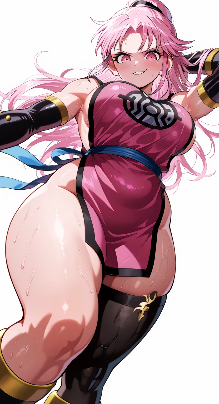 femme à la peau foncée, courbée, art martial, gala, martial art, solo,alone, walking, forest, village, modest, traditional clothing, europe, pole shirt, corset, thicc, curvy,smile, open mouth