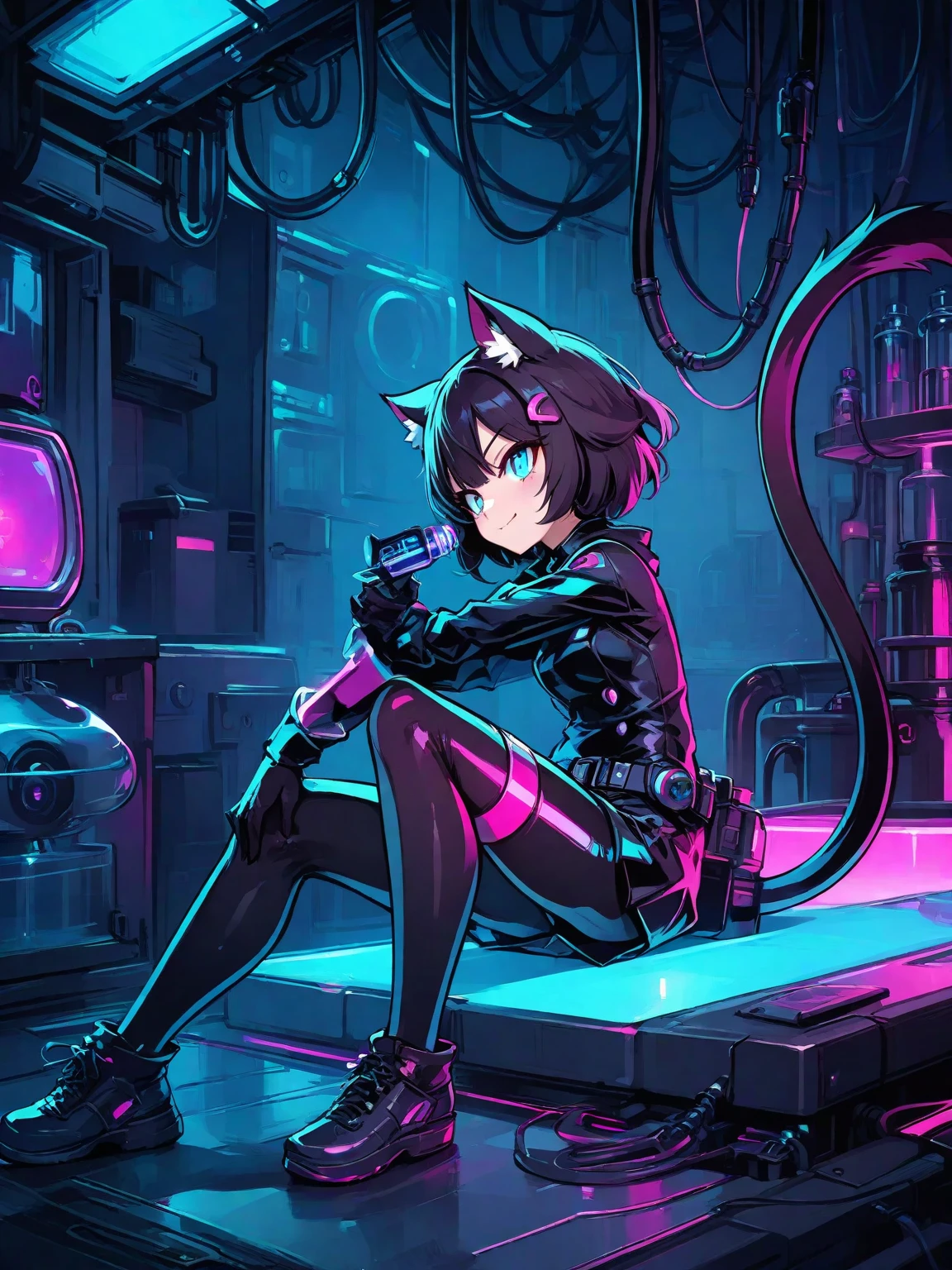 (nsfw5) (((1boy))), (((anime boy))), 20 years old, muscular body, black hair, latex suit, black latex, skintight no zipper neck entry latex suit, fullbody latex suit, shoulder plastic armour, ((wearing virtual reality headset1.5)), visible eyes, ((thick cables plugged on headset)), cat ears, cyborg, latex, cyberpunk, cyberpunk hospital, (thick cables plugged on crotch1.5), red lightning, mind reprogramming, ((corruption bodysuit)), blank stare, crotch bulge, restrained, (heads-up display), wearing black lipstick, (((cables plugged into cat ears3))), (((transformation into robot3))), (((assembly line arms5))), charging port on anus, (((charging cable plugged on anus3))), (battery percent level), charging station, robotic spine, cables plugged into spine, aquamarine suit lightning, open ring gag in mouth, (((super thick cable plugged on gag5))), progress bar on virtual reality headset