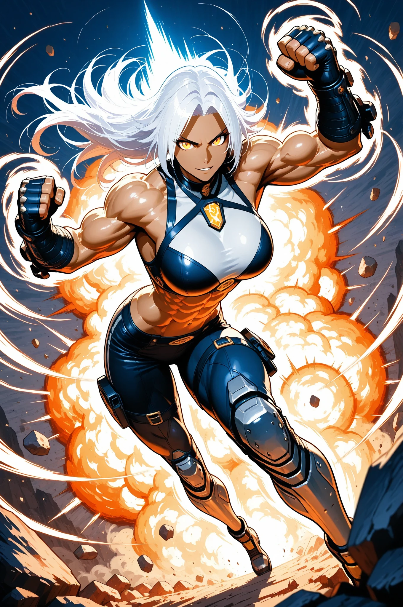 A muscular 35-year-old warrior woman almost naked in the Simon Bisley style for the cover of Heavy Metal magazine, hair half black half white, Minimum clothing, Short clothes,