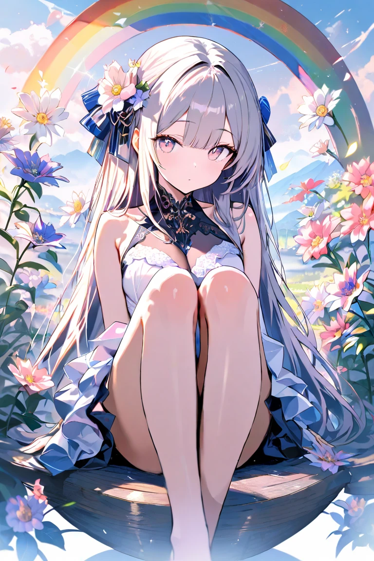(Highest picture quality), (Master's work),(Detailed eyes description),(Detailed face description), 1girl,red eyes,white hair,(very long hair),very long hair (floating in the wind),hair ornament,white dress,small breast,bare legs,white socks,leather shoes,arms and hands behind back,blush,fluttering grass,(spring,sakura blossoms),petals,(lens flare),altocumulus,dazzling light,cool breeze,(shade) of [a sakura tree],meadow,(the grass is growing and the birds are flying),(lake,surface reflection) (magazine:1.3), (cover-style:1.3), fashionable, woman, vibrant, outfit, posing, front, colorful, dynamic, background, elements, confident, expression, holding, statement, accessory, majestic, coiled, around, touch, scene, text, cover, bold, attention-grabbing, title, stylish, font, catchy, headline, larger, striking, modern, trendy, focus, fashion,