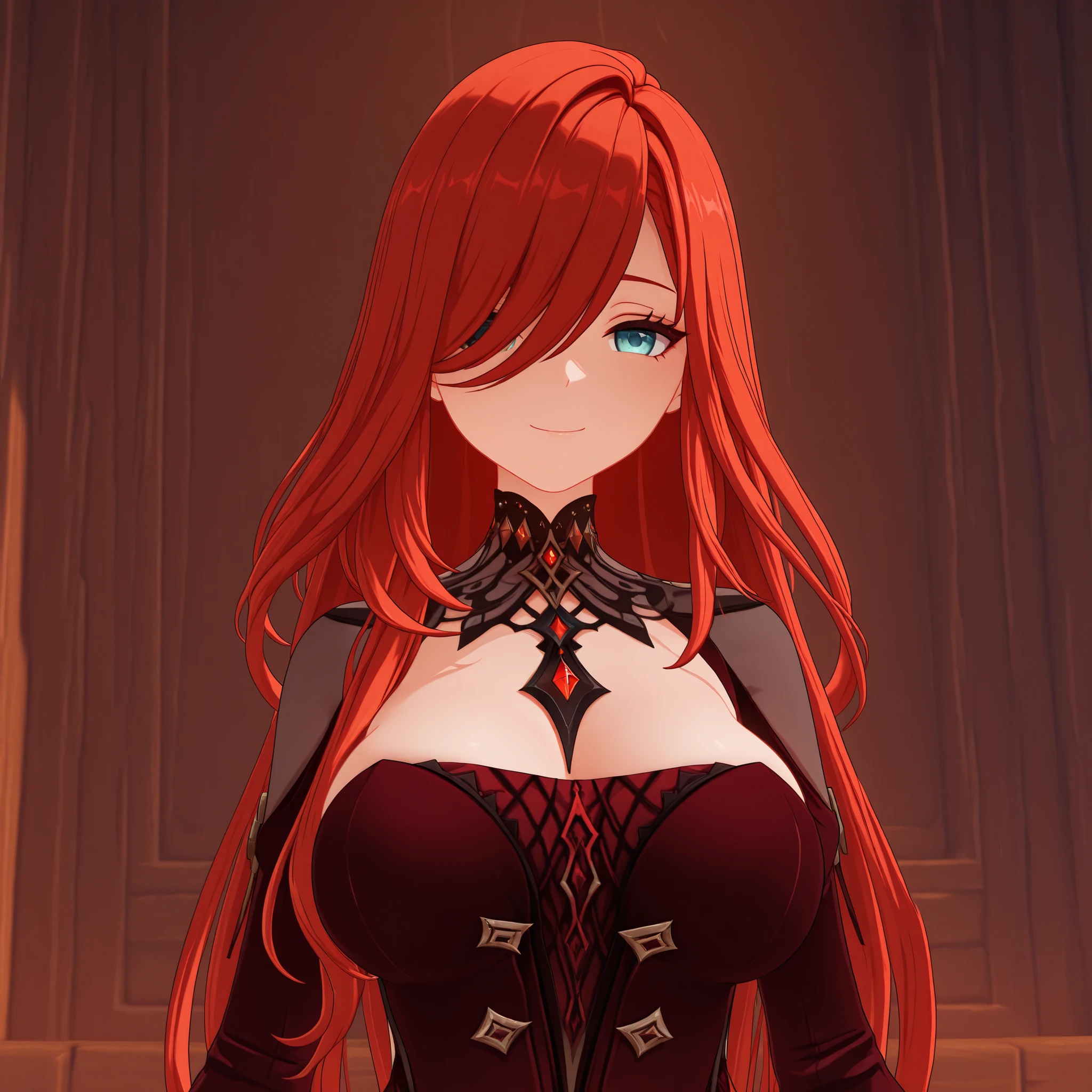 masterpiece, best quality, amazing quality, G3NSHIN, genshin impact style, 3d, girl, , straight long hair, long bangs, bangs covering left eye, red hair, turquoise eyes, smiling, face and bust focus, black and red dress