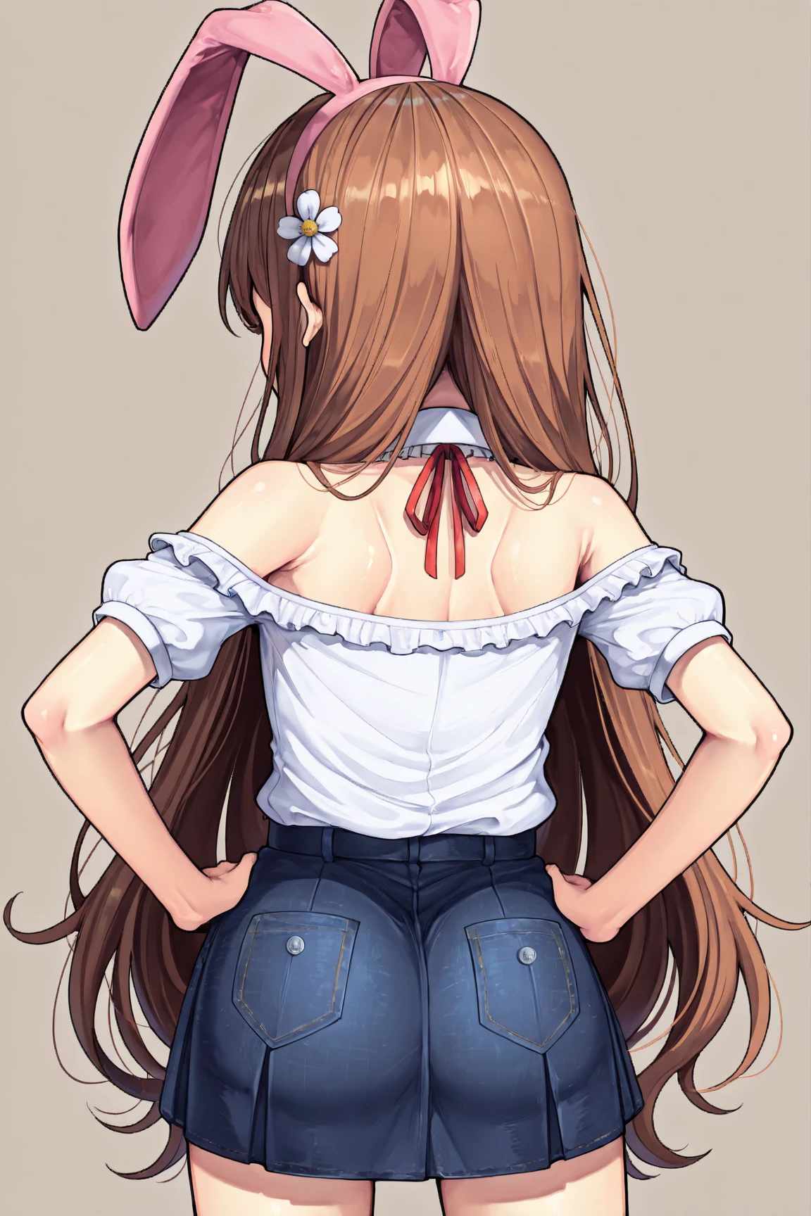1girl, Admire Vega \(umamusume\), umamusume, Hair touch,ponytail,blue hair ribbon,breast grab,NSFW,blush, natural lighting, (masterpiece, best quality), detailed scenery,looking view,closed eyes,pov,white background ,Slender,slender, girl trembling with sexual climax,horse tail