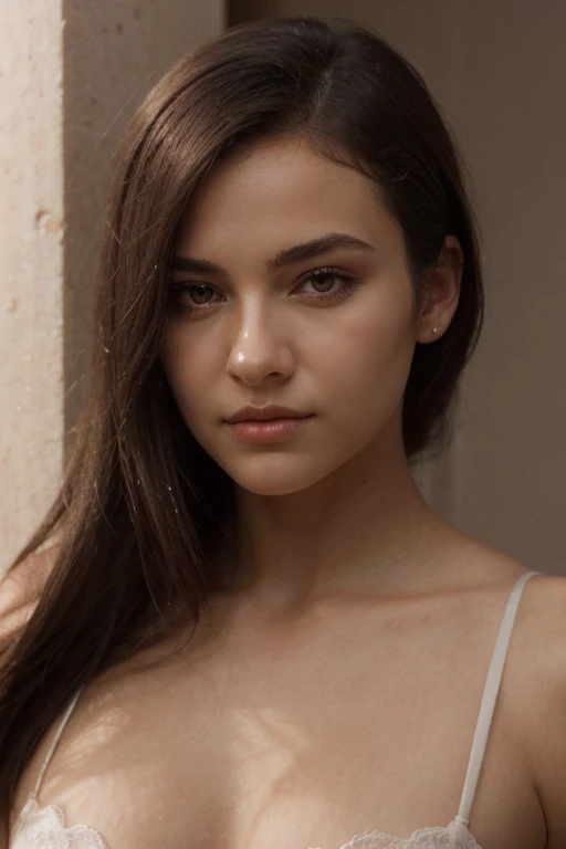 (meilleure qualité, 4k, 8k, haute résolution), photo détaillée,Photo brute, (20yo skinny), brune réaliste, cheveux long naturels, beaux yeux clairs détaillés, belles lèvres détaillées, bouche fermée, aucune dent visible, vraie peau texturez, corps droit face à la caméra, visage dégagé, tête droite, face au spectateur, européenne, photographie, professionnelle, portrait, couleurs vives, fossettes de joues, rougir, texture de peau réaliste, éclairage chaleureux, ambiance chaleureuse, style instagram , naïf, Timide, court, mince, ajuster, Beau, mignon, t-shirt blanc, sans makeup, sans bijoux