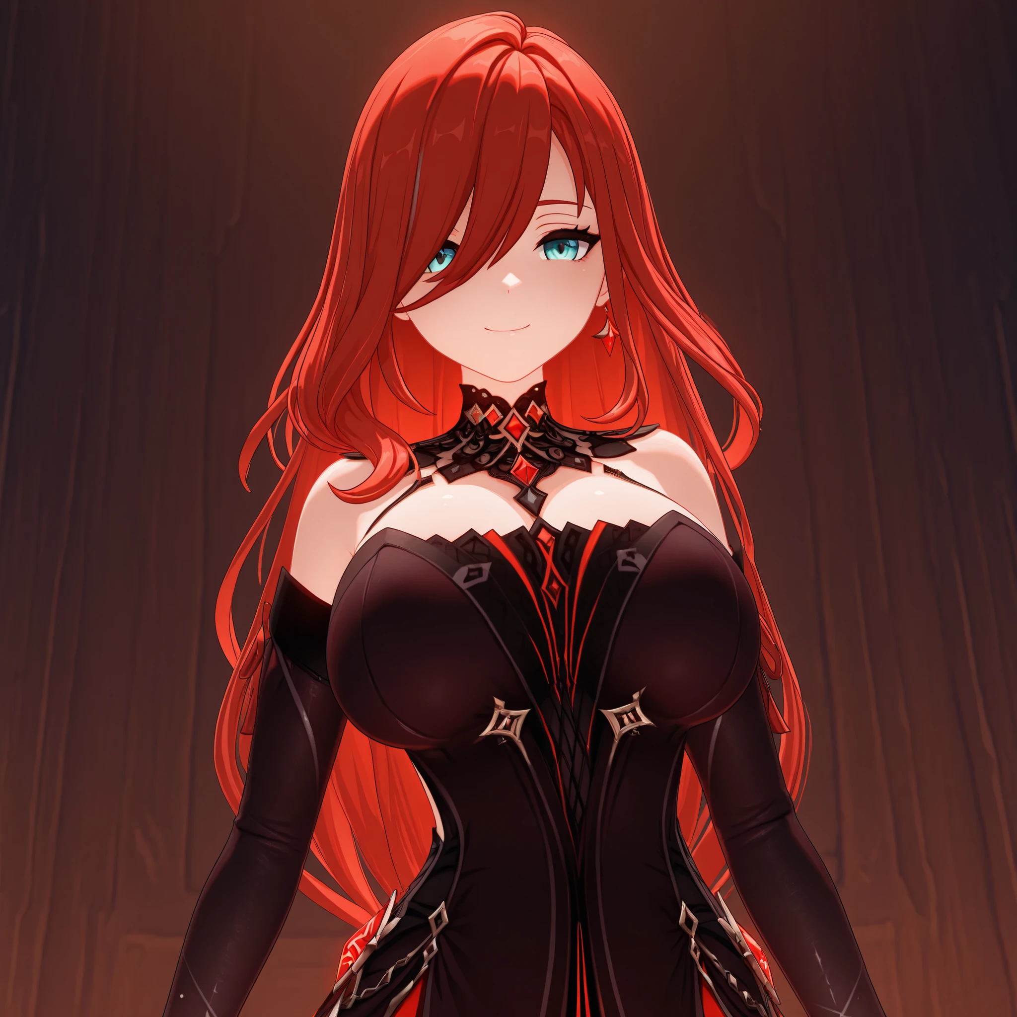 masterpiece, best quality, amazing quality, G3NSHIN, genshin impact style, 3d, girl, , straight long hair, long bangs, bangs covering left eye, red hair, turquoise eyes, smiling, face and bust focus, black and red dress, dynamic pose 