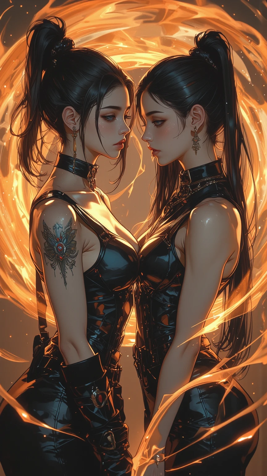 Two women, big breasts, slim waist, большая зfromница, demons, red and black hair, Revealing clothing, from, fire, lava, lustful look,