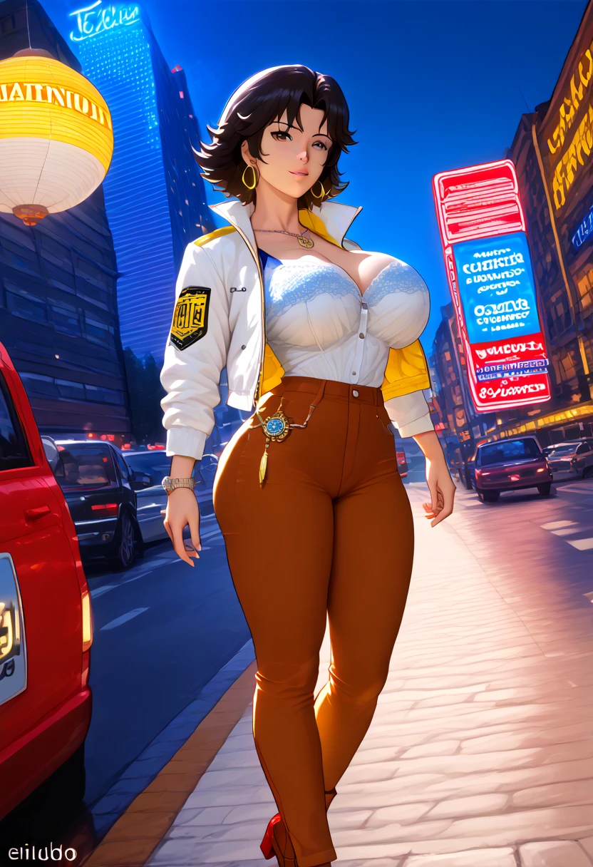Sexy woman decked up as the boss lady and looked like a million bucks in a lemon-yellow pantsuit