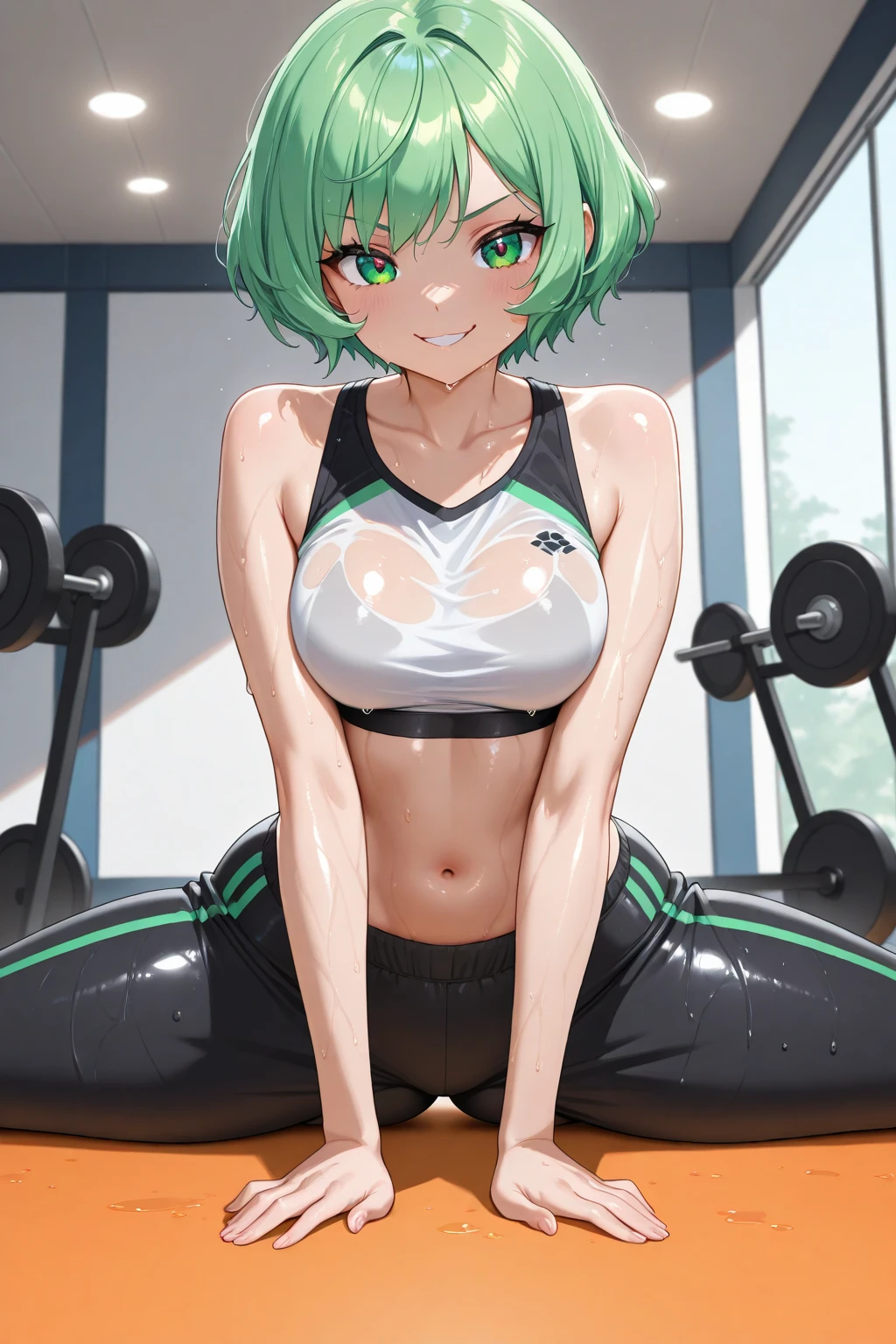 1 girl, izuku midoria as a stunning girl, short green hair, tight gym leggings and a white crop top, gym, high res, ultra sharp, 8k masterpiece