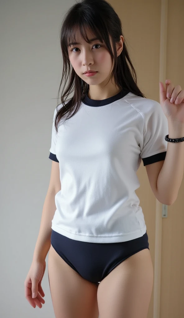 alone、high school girl、White skin、Natural Makeup、Black Hair、bangs、Straight Long Hair、(((White short-sleeved T-shirt on the upper body)))、((Long white gym clothes))、(((Very tight bloomerid rise bloomers)))、(((Navy Bloomer)))、(((Tuck the bottom of your gym clothes into your bloomers)))、Big Breasts、Big Ass、(((Schoolyard)))、((Realistic fingers))、((Perfect Style))、((Realistic body shape))、(((upright)))
