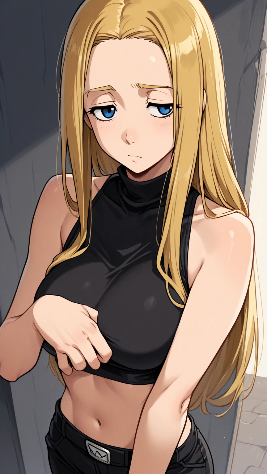 tied up,bondage,naked,scared expression,clenched teeth,blue eyes,blonde hair,