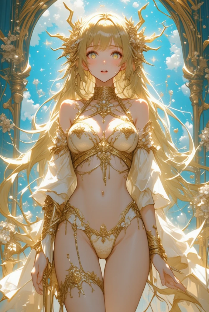 princess yellow mouth light makeup fair skin dark eyes very long wavy hair buns hairstyle slim waist.medium buttocks medium breasts erect together long transparent yellow dress with shine in a dark passage with pink thorns. abodes