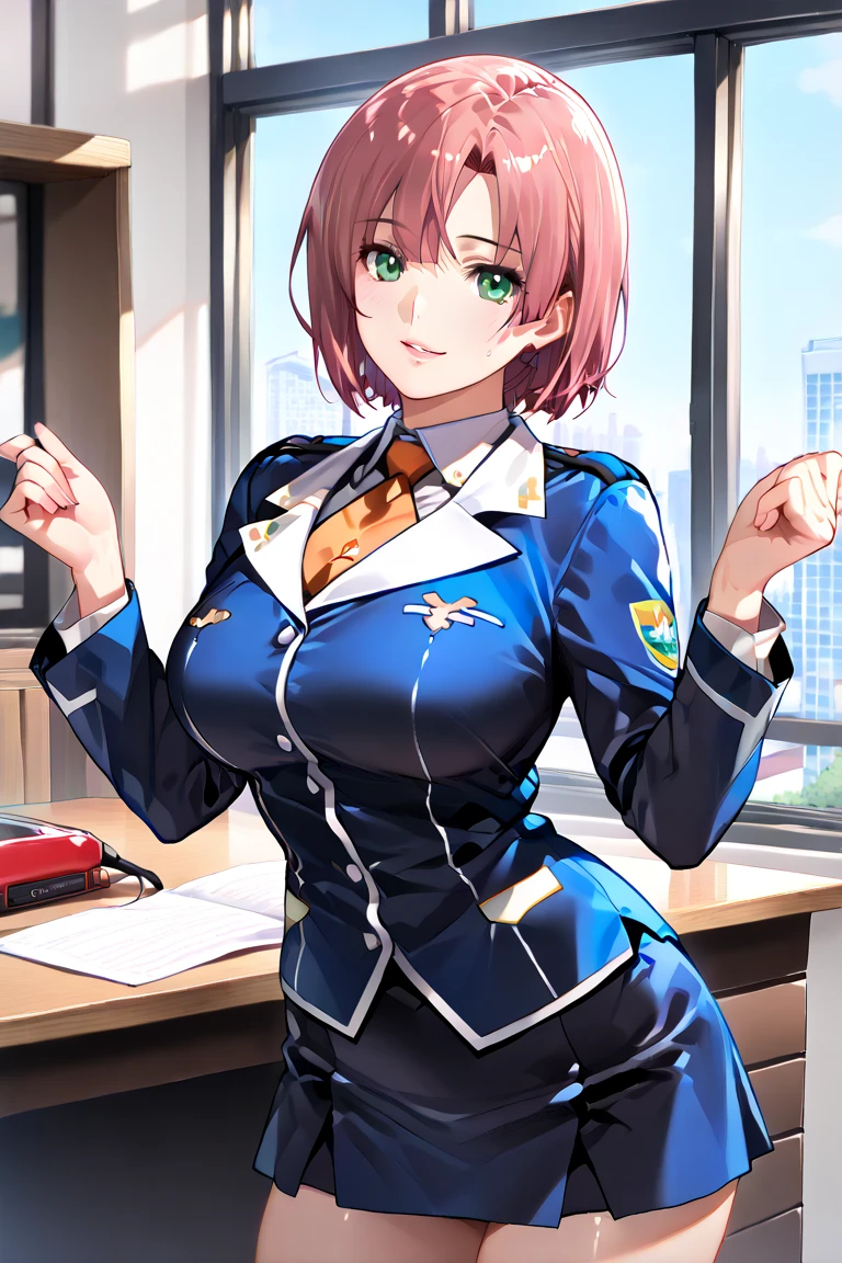 Shining Eyes, (View your viewers,Open your mouth and smile:1.1), ((One Girl)), (Mature Woman:1.4), (blush), alone, Pink Bob Hair, (Open legs), (Spread your legs), (Thighs Thighs Thighs Thighs), (Police uniform), smile, In a hotel bed, Tabletop, highest quality, Very detailed, Sparkling, Shining Light, Ray Tracing, hard diskR, Depth of written boundary, (Perfect Face, Detailed face, Fine grain,Perfect hands,Perfect Fingers), 8k,hard disk,Ultra-realistic faces,Ray Tracing,Perfect lighting,highest quality, Very detailed