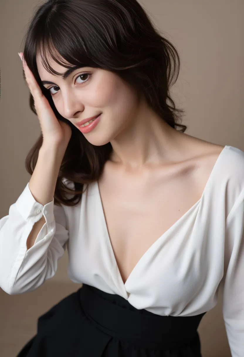 RAW photo of a 32 y.o french woman, average looking person, dark hair, wearing a formal suit, (detailed face), average body, ((half body)), standing in the office hallway, (high detailed skin:1.2), 8k uhd, dslr, soft lighting, high quality, film grain, Fujifilm XT3