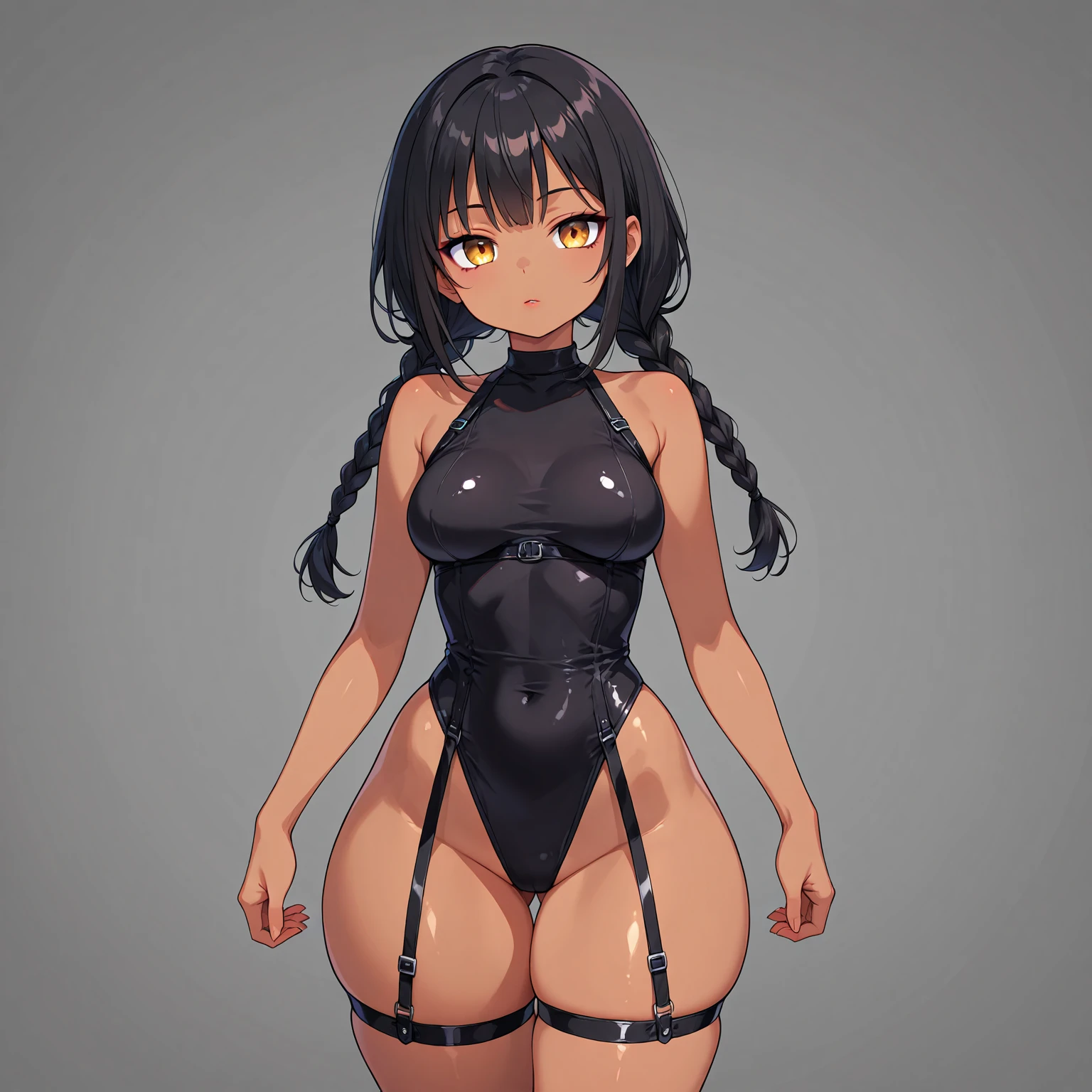 Miss, look at the audience, an oval face shape, portrait, long shot, whole body, from head to foot,  Black polyester fiber with underwire, Medium chest, Round breasts, slim abs, White background, Simple background seductive pose，Cock your ass，cleavage，Cocked buttocks，sling背心，sling，bikini，Show off your figure，