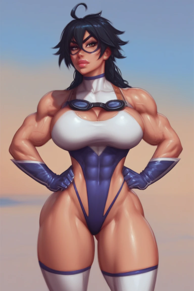 (Muscular:2), (thick muscular thighs, wide hips:2.3), (thick muscular calves:2.5), (female, blue eyes, black hair:1.5), adult, earrings, eyeshadow, lipstick, bokeh, (freckles:0.9), (full body view:1.4), (striations), (hard nipples:1.2), (perky breasts:1.4), (superhero romper, long gloves, small cape, abs window:1.5), (sculped muscles:1.7), (athletic body:1.5), (muscular body:2), (looking at viewer), (smiley:1.5), detailed eyes, rooftop, (dawn lighting), rim lighting, two tone lighting, dimly lit, clean skin, low key (DETAILED SKIN), (round ass:1)