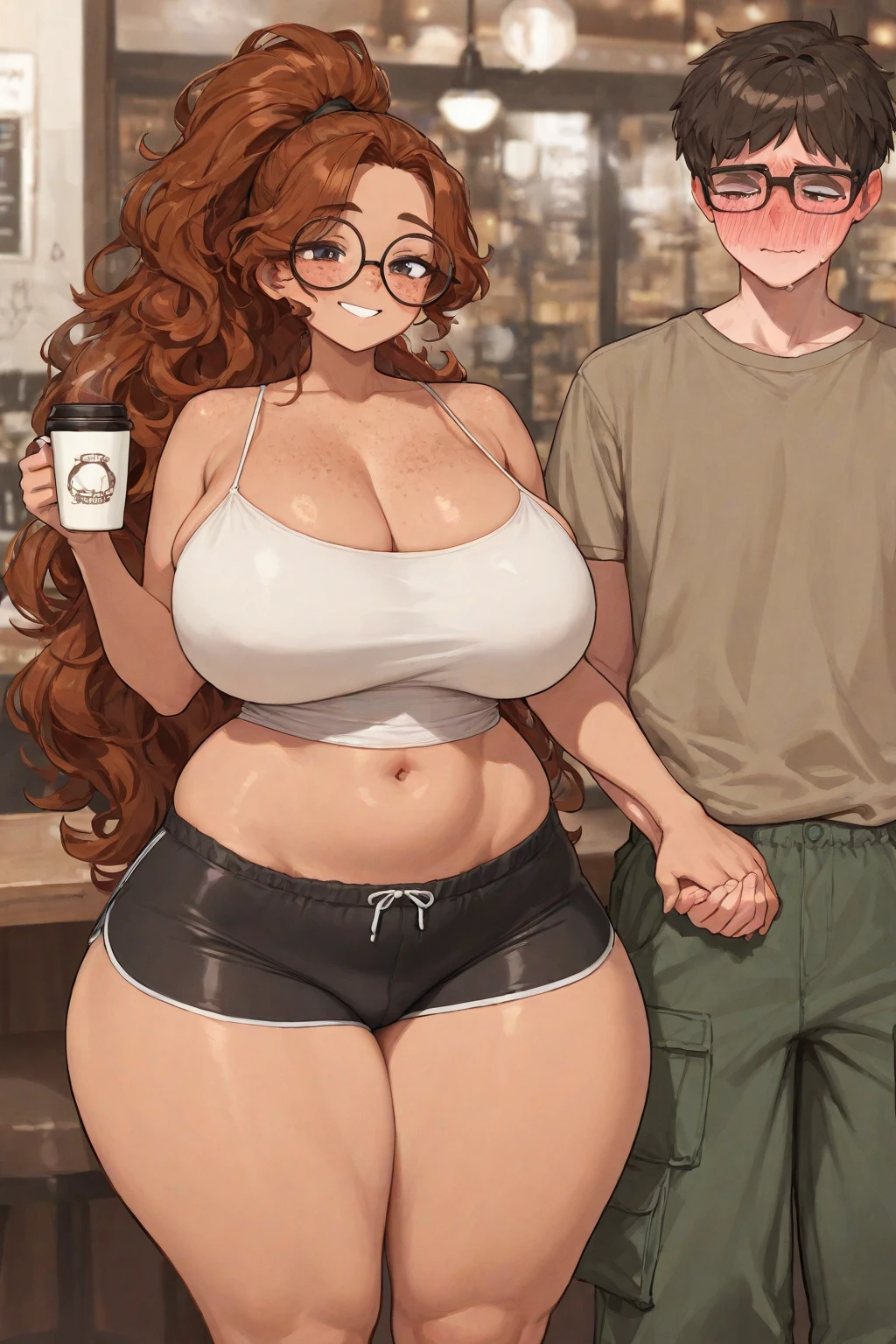 Chubby japanese sexy mature woman (50 years old), long straight black hair, rounded eyeglasses,  black blouse and blue jeans, standing up in the starbucks, talking with two older men, smiley expression