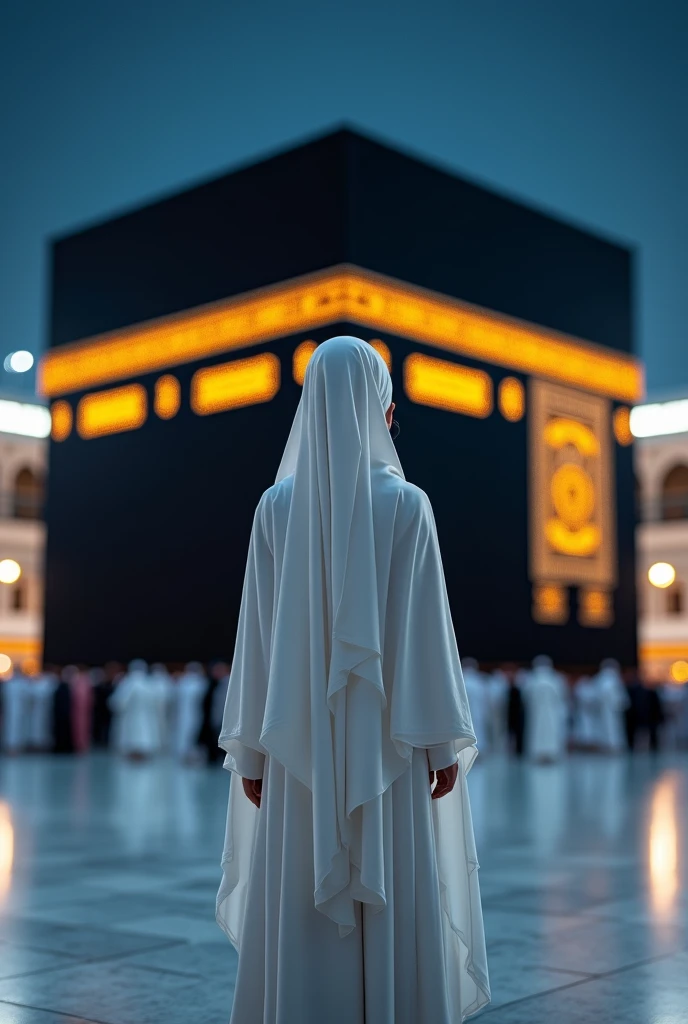 A hijabi girl with a white abaya and long hijab staring at the kabaa facing backwards with the sun shining on her