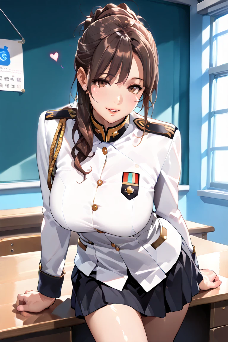 masterpiece, best quality, highres, aanitta, long hair, peaked cap, earrings, medium breasts, military uniform, epaulettes, (white shirt:1.2), white sleeves, long sleeves, white pants, idolmaster, <lora:nitta_minami_v1:0.7>, leaning forward, smile,