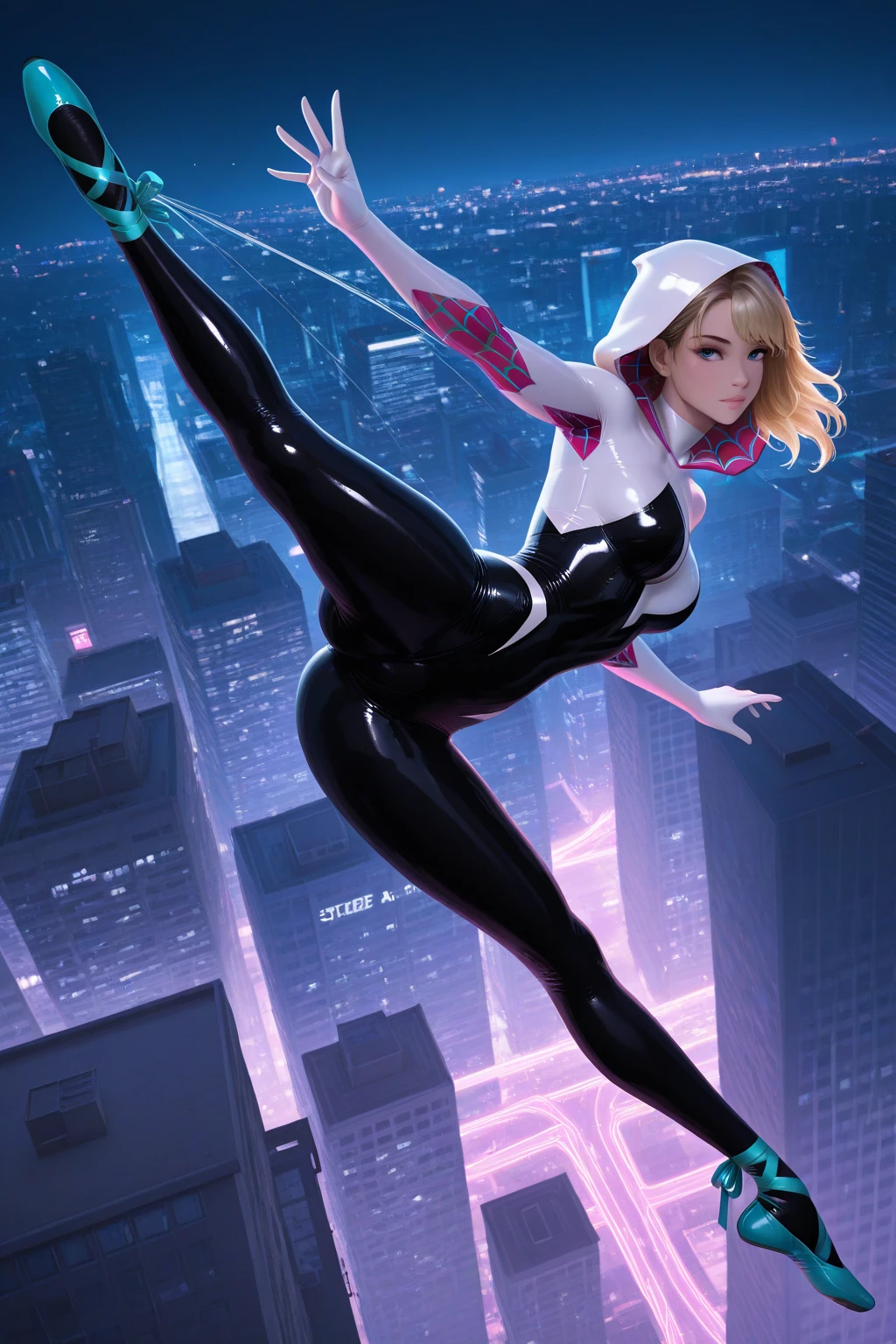 A realistic, spider-gwen, gwen stacy, hyperrealistic Spidergwen with athletic muscle, textured saturated white and black and pink trage, in the style of watercolor paint splats, (best quality,4k,8k,highres,masterpiece:1.2),ultra-detailed,(realistic,photorealistic,photo-realistic:1.37),professional,vivid colors,bokeh