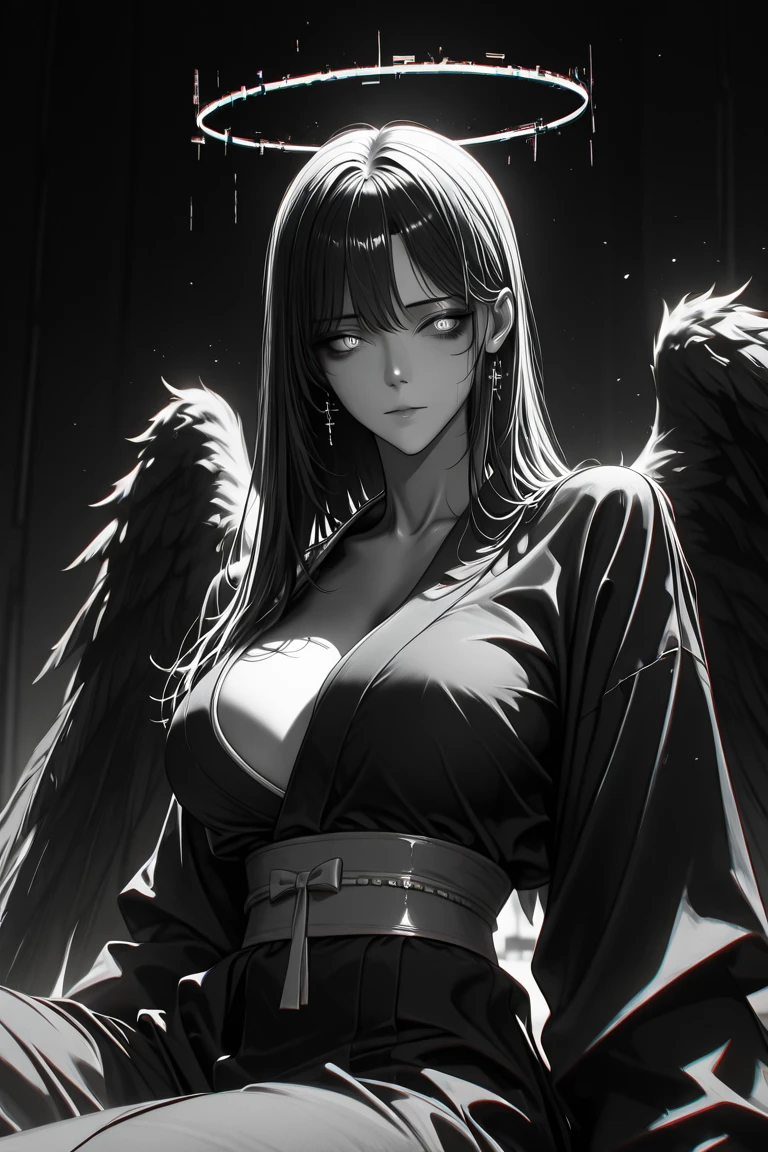 tmasterpiece，Portrait of an angel in prayer，Evil countenance，Three eyes，eye closeds，Black and white wings，A frame eroded by darkness and light