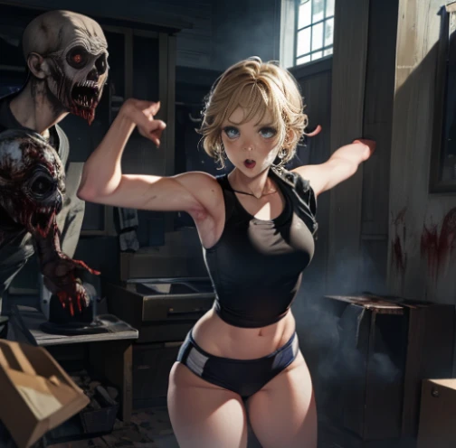 bikini string girl, Zombie Blood,Bikini girl surrounded by zombies, Bloodstained、Machetes、ax、camel toe、huge tit、nipple puff、cleavage、battle、horror、resident evil