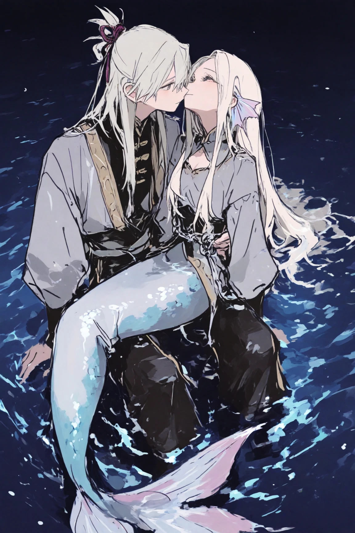 a korean woman with a short black haircut with white flecks on her bangs. Wears a black cloak with a white shirt underneath, and has stormy grey eyes. She is kissing a a korean woman with long white hair. Wears a white cloak with gold lining, and has ocean-blue eyes.