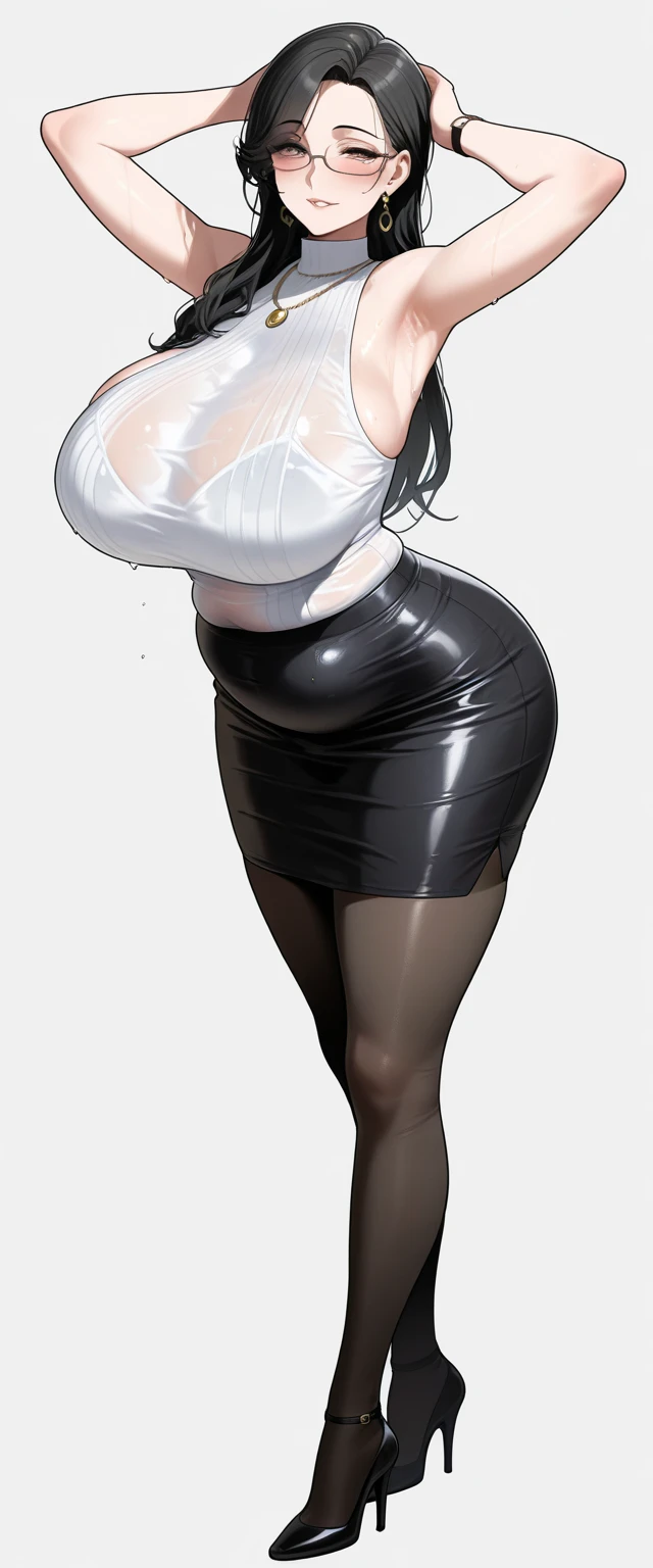 (((muscular girl huge breasts))) black hair yellow eyes pale skin frown UHD 16k best quality wide hips tight shirt skirt pantyhose
