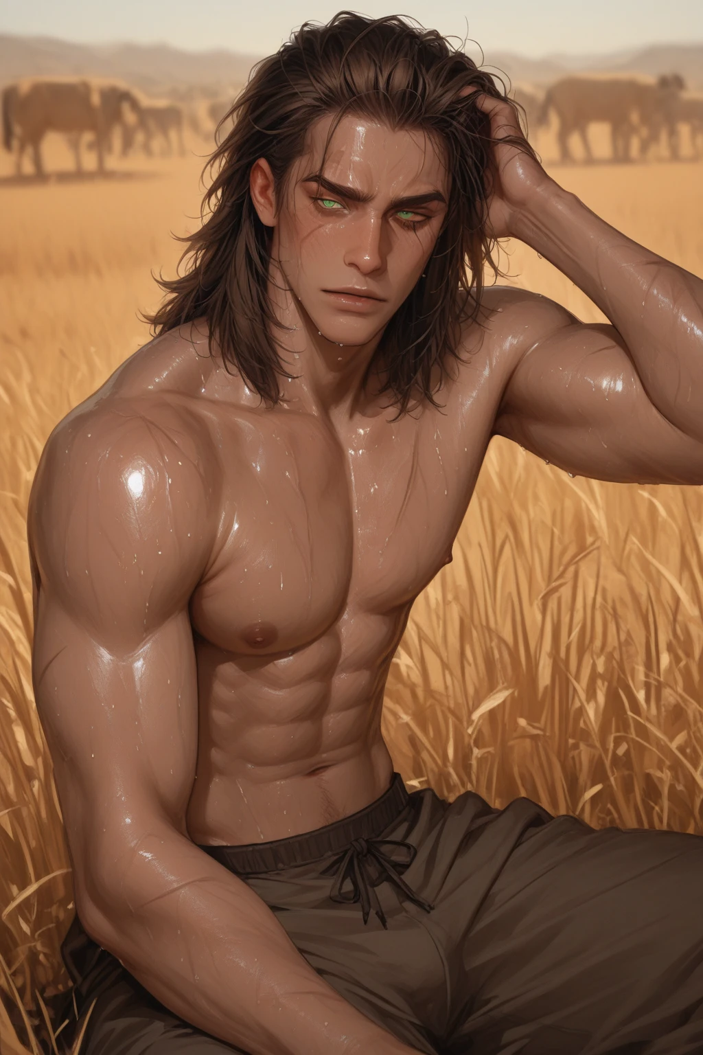 man, Long Brunette Hair, beard, Medieval hunters, In the middle of a dense forest..., Mehood, Medieval style, Realistic, ultra-detail , Man lying down on the floor., in forest, nighttime, Closed eyes, No lighting, coat