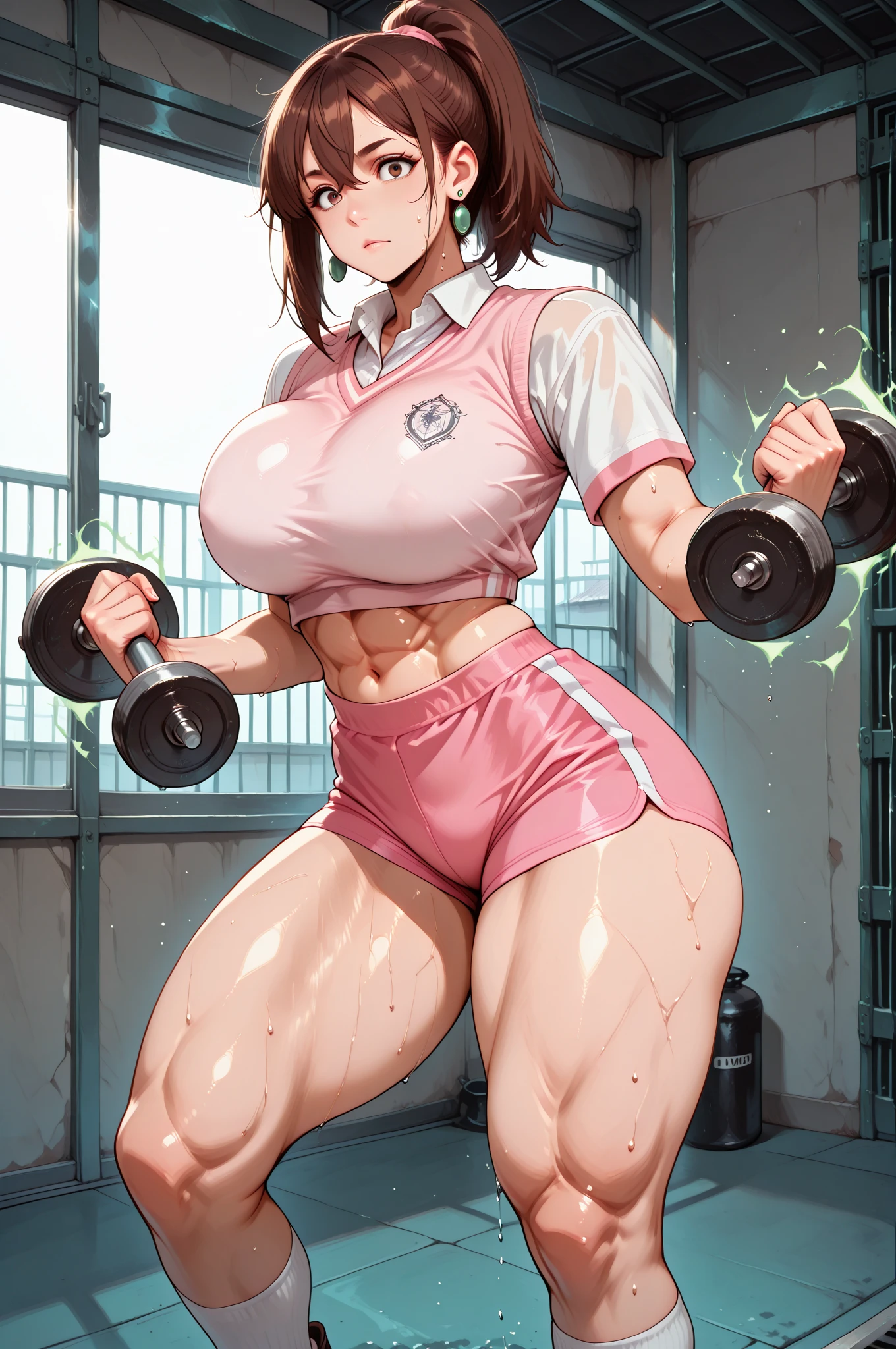 Woman wearing culottes((Bent over)),Brown Hair,Light brown eyes,Twin tails,Thick bones,Beautiful curves,Medium Hair,Curvaceous body,Blushed,Captivating look,Smooth and thick thighs,Chubby!!,Sweat,vapor,Wide torso,Huge bust,Being in the training gym,Wearing a white sports bra,Lean back((From the side)),Spread your legs