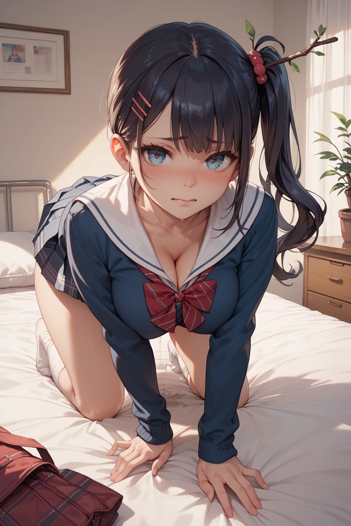 (8k, RAW photo, best quality, masterpiece, soft cinematic lighting, soft color:1.4),(POV,from above:1.6),(from below,ceiling:-0.0),( looking up at viewer:1.5),(eyes focus,Close-up beautiful eyes:1.5), (realistic:1.2), (bed room background), (solo, mature woman,19years old,super beautiful face,super detaild beautiful eyes :1.5), {sailor uniform,(show off nipple:0.5),low-cut miniskirt,sheer :1.3}, (embarrassed,red Cheeks:1.25),long hair, {{slicked back hair}}, white blonde color hair, clean skin, (smaller butt:0.5),(coverd nipple:0.8),(sagging huge long wide heavy breasts,puffy areola:1.5),(under boob:1.6), (thick, curvy:1.3),(very skinny:1.5),(temptation pose,open legs:1.7),(open mouth:1.1),(kneeling:1.6),