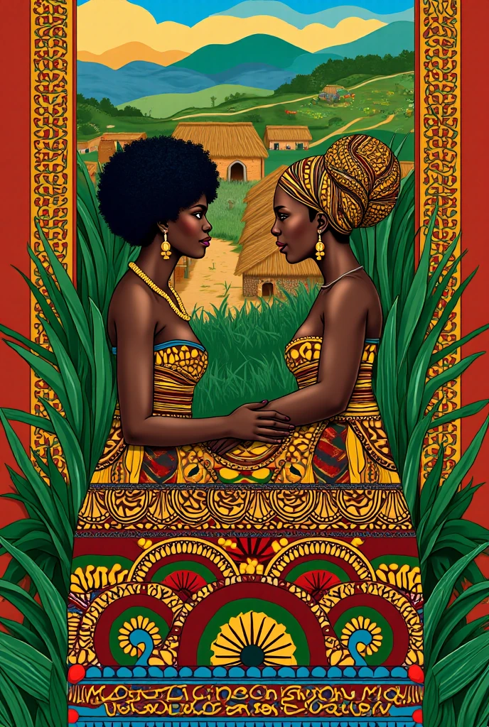 Rectangular label, 2 silhouettes of black people, African colours, Liqueur