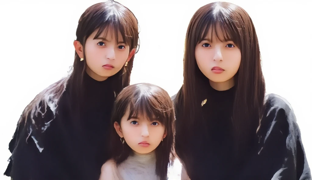GIRLS CHILDREN, WITH VERY LONG STRAIGHT DARK HAIR, BLACK FUR COAT., GRAY BACKGROUND.