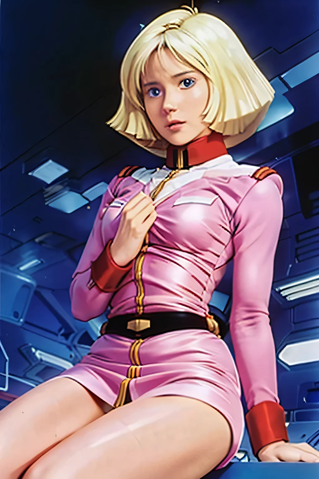 1girl in, sayla mass, Elegant, masutepiece, Convoluted, Realistic, Best Quality, absurderes, high face detail, Perfect eyes, 18 years old, Cowboy Shot, Asian Beautiful Girl、(((Wear stockings on your beautiful legs.)))、(((sayla mass gundam federal army costume)))、(((high quality leather uniform)))、(((skirt by the)))、((Top image quality、8K))、((top-quality、8K、masterpiece:1.3))、Highly detailed facial and skin texture、8K、beauty legs