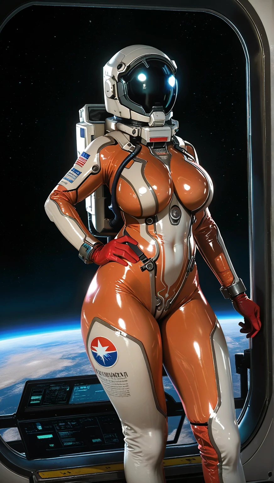 Alison Tyler as space marine, wearing white and red space suit, futuristic helmet, tined face shield, rebreather, accentuated booty, Highly detailed RAW color Photo, Full Body, toned body, big butt, (sci-fi) particle effects, raytracing, cinematic lighting, shallow depth of field, , cinematic film still from Gravity 2013,