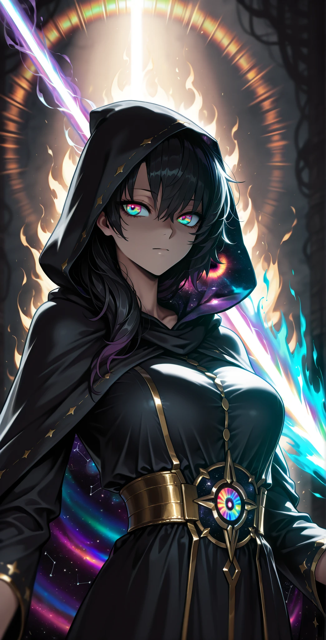 darkness, dramatic lighting, dark corridor, god rays, cinematic shot, mature,adult, masterpiece, best quality, amazing quality, very aesthetic, high resolution, ultra-detailed, absurdres, scenery, chaotic background,
1girl, woman, solo, (dynamic pose, side eye, gathering energy, aura farming, bust shot, upper body shot:1.2), expressionless, cloak , hood , hood up, black hair, tsurime, narrow eyes, burning eyes, (multicolored eyes, rainbow eyes, cosmic eyes, quantum eyes:1.5), black robe, ornate patterns, dark blue environment, smoke, constellation, black lines, growl, cosmic weapon, liquid weapon, plasma weapon, plasma lance, plasma spear, novuschroma79 style, glitch art photo
BREAK, depth of field, volumetric lighting
 