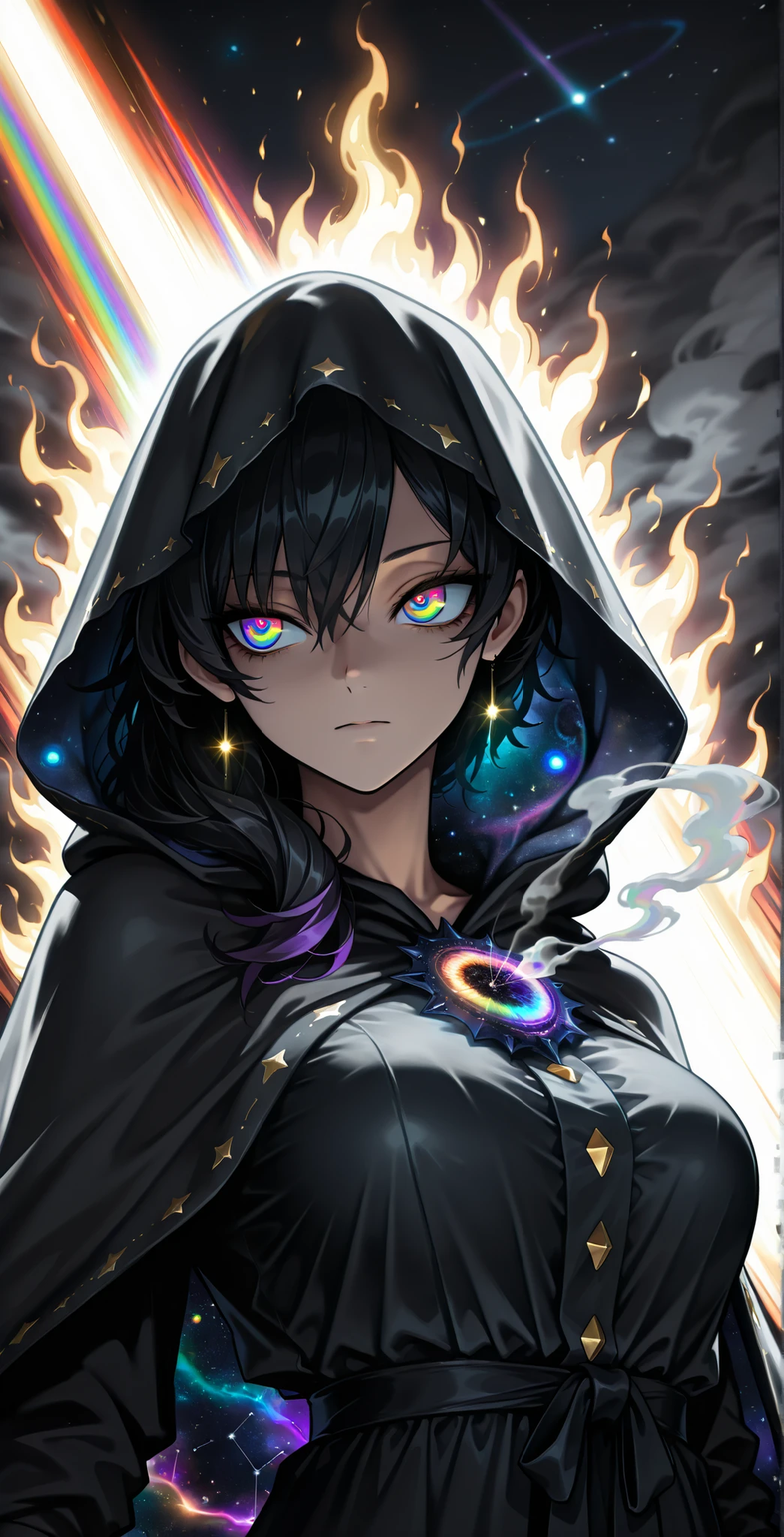 darkness, dramatic lighting, dark corridor, god rays, cinematic shot, mature,adult, masterpiece, best quality, amazing quality, very aesthetic, high resolution, ultra-detailed, absurdres, scenery, chaotic background,
1girl, woman, solo, (dynamic pose, side eye, gathering energy, aura farming, bust shot, upper body shot:1.2), expressionless, cloak , hood , hood up, black hair, tsurime, narrow eyes, burning eyes, (multicolored eyes, rainbow eyes, cosmic eyes, quantum eyes:1.5), black robe, ornate patterns, dark blue environment, smoke, constellation, black lines, growl, cosmic weapon, liquid weapon, plasma weapon, plasma lance, plasma spear, novuschroma79 style, glitch art photo
BREAK, depth of field, volumetric lighting