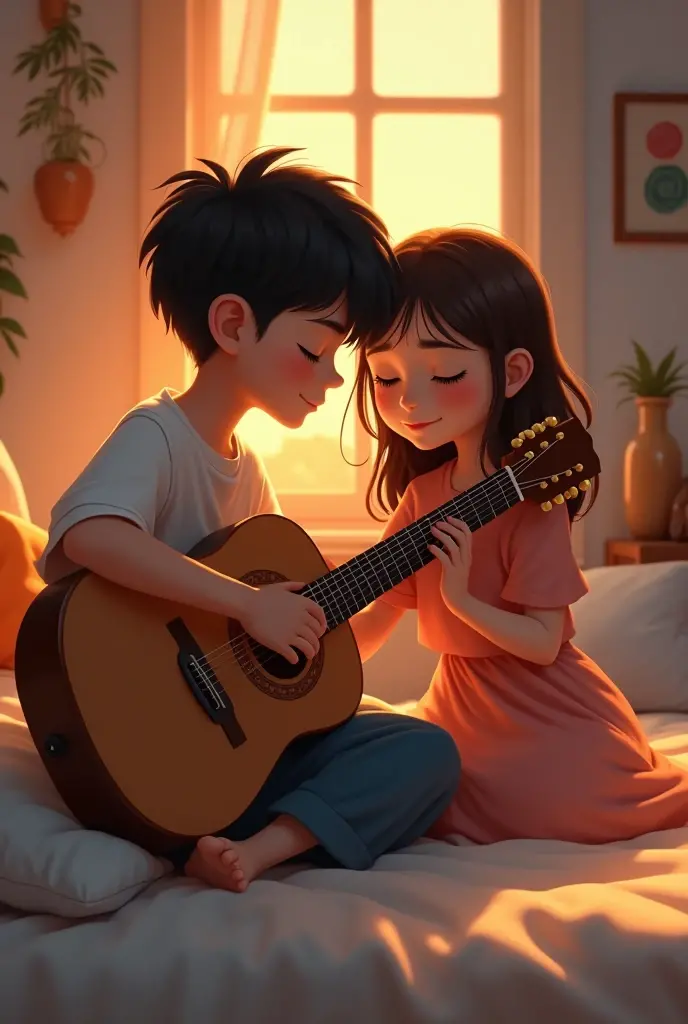 A boy with a guitar and a girl beside him laying her head on the boy's shoulder and singing 