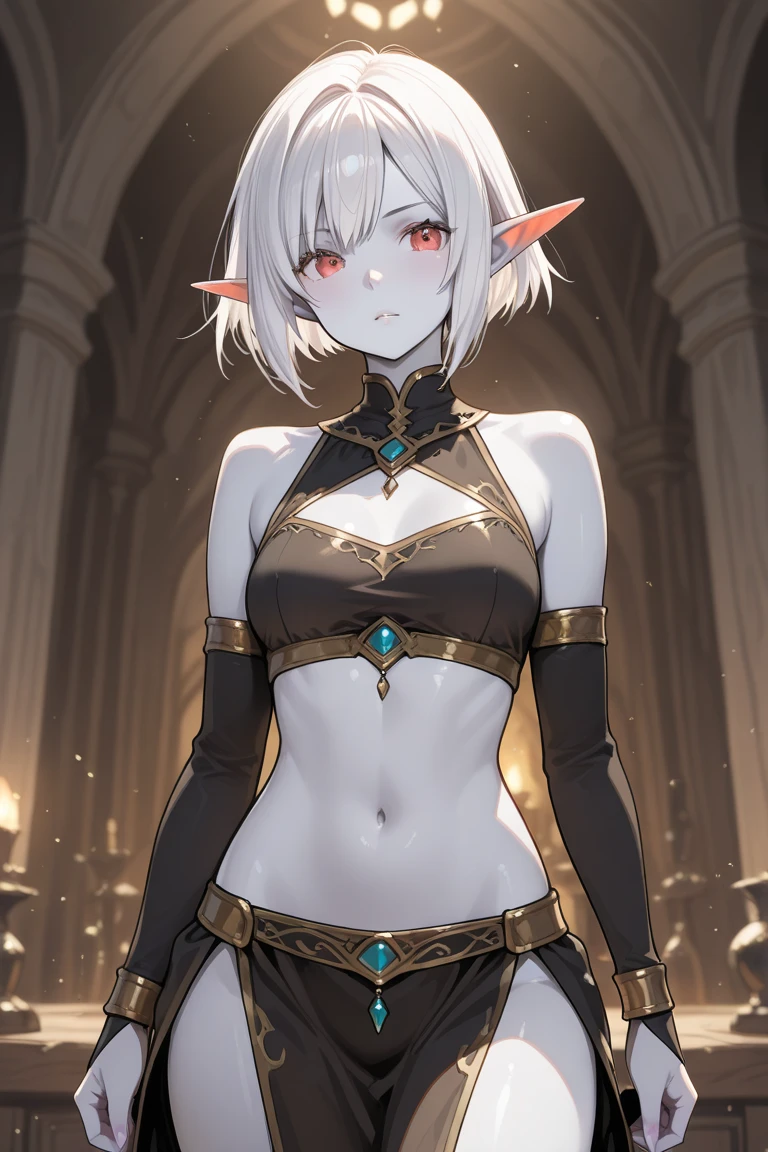 1girl, (solo), anime girl with short white hair and red eyes, girl with white hair, girl, sexy armor, (()), small breasts, pointed ears, ((elf)), smirk, smug, closed mouth, cowboy shot, perfect white haired girl, white haired deity, digital fantasy anime art, small breasts, lens flare, ((dramatic lighting)), soft glowing red eyes, extremely detailed, masterpiece, looking at viewer, medieval bath house in background, (night)
