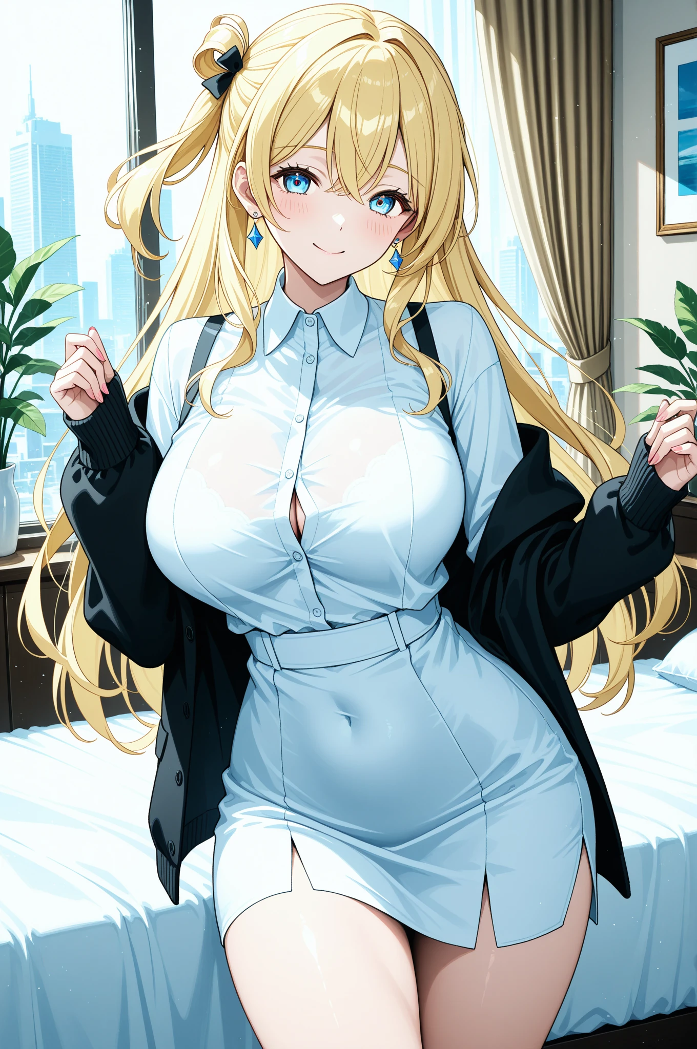 (highest quality:1.2,evil lady,cg, Very detailed, High Detail, digital coloring, High Contrast, masterpiece:1.2,suits, highest quality, Best aesthetics), 8k,masterpiece, cute,tall,beautiful,best quality, 1lady,blonde hair,long hair,wavy hair,empty eyes, (finely detailed glowing eyes and detailed face),,,,extremely detailed cg unity 8k wallpaper,solo,(latex military costume:0.9),large breasts,seductive smile,,latex thighhigh,large breasts,black hair,pink eyes,no jacket,formal shirts,thighhigh,,enamel suits,grossy lips,sitting,tight skirt,sadistic smile,,heel,shiny skin,tight  skirt,detailed face,beautiful body,,adult,,show me breasts,sadistic,seductive smile,business suits,latex,no tie,bust shot,open mouth,necklace,office room,from below,burikko  pose