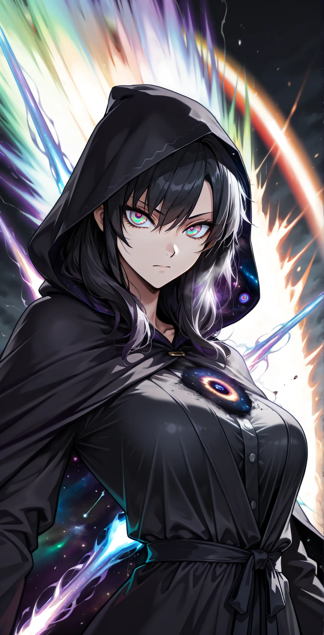 darkness, dramatic lighting, dark corridor, god rays, cinematic shot, mature,adult, masterpiece, best quality, amazing quality, very aesthetic, high resolution, ultra-detailed, absurdres, scenery, chaotic background,
1girl, woman, solo, (dynamic pose, side eye, gathering energy, serious, attacking,scorn, aura farming, bust shot, upper body shot:1.2), expressionless, cloak , hood , hood up, black hair, tsurime, narrow eyes, burning eyes, (multicolored eyes, rainbow eyes, cosmic eyes, quantum eyes:1.5), black robe, ornate patterns, dark blue environment, smoke, constellation, black lines, growl, cosmic weapon, liquid weapon, plasma weapon, plasma lance, plasma spear, novuschroma79 style, glitch art photo
BREAK, depth of field, volumetric lighting