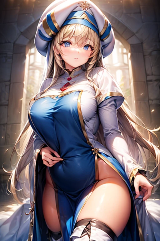 (masterpiece, best quality, glowing light, glistening, shiny skin, ultra detailed, detailed background, complex background),(perfect face, detailed face, detailed eyes,perfect hands,perfect fingers), (medium boobs:1.2,scare expression),(mature female:1.4),cowboy shot,thicc,cleavage,
priestess, long hair,((gradient hair)),multicolored eyes, gradient eyes, (glowing eyes:1.1), mascara, (fashion make up), parted lips,hat, long sleeves,Ripped  dress, Ripped thighhighs, white headwear, thigh boots, wide sleeves, white thighhighs,hands beind ,sitting,spread legs,cameltoe,
((cave, stalactite, torches on the wall, water fountain)),((super detailed background)), dynamic poses, ((8k wallpaper)), <lora:priestess:1>