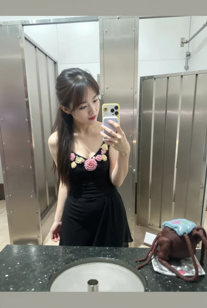  1girl,long hair,sitting,dress,solo,crown,black hair,braid,watermark,lips,blurry,indoors,realistic,bare shoulders,tiara,brown hair,breasts,makeup,curly hair,jewelry,gem,peacock style,glow,