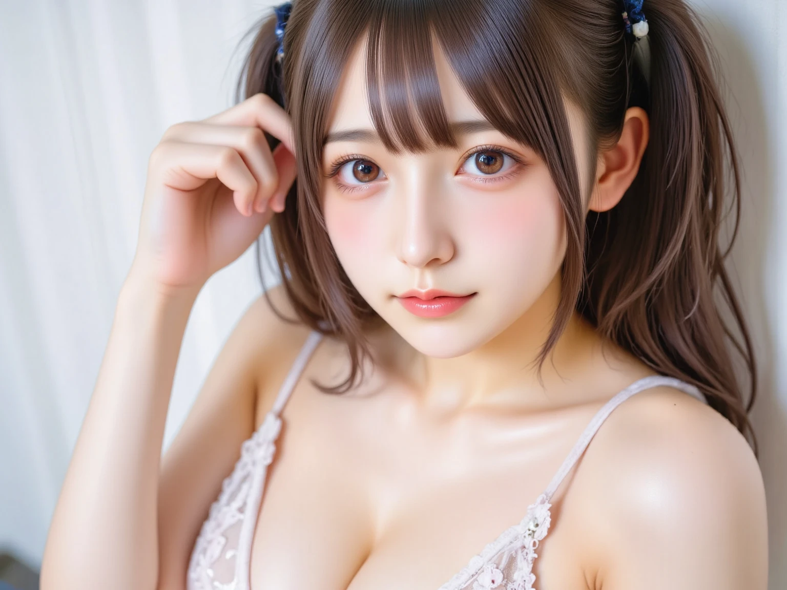 8K、cute、Adult Girls、gravure、detailed、Braid your hair in an intricate way、stockings