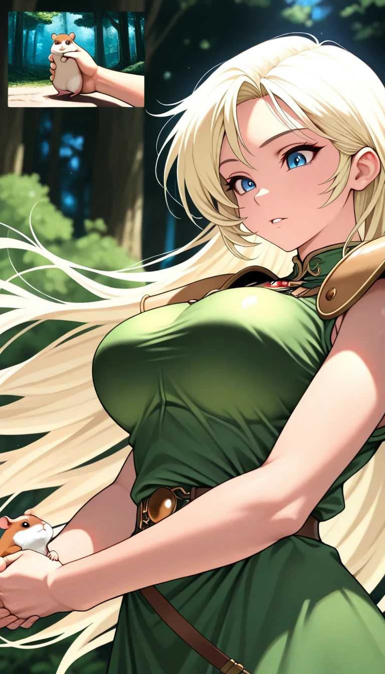 (best quality:1.5, highres, UHD, 4K, detailed lighting, shaders), blonde ponytail, large breasts, crop top, shorts, cleavage, elf, smug, (pov, close shot), nature background, green eyes