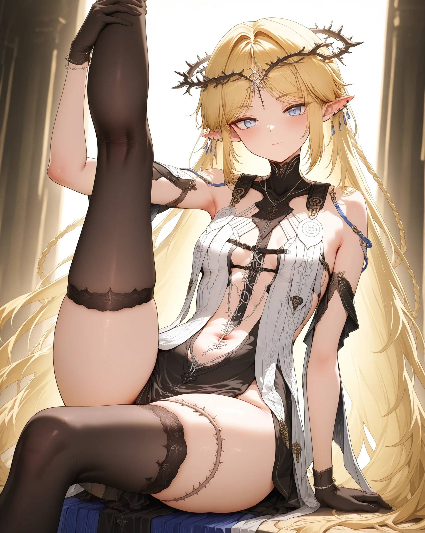  ((best quality)), ((masterpiece)), (detailed), 1girl, NSFW, small breasts, prominent collarbones, skinny arms, flat stomach, visible hip bones, long hair, (various hair colours red, white, blonde, dark), ponytail, thick ponytail, heavy ponytail, red and white clothing, Bloodborne inspired, occult aesthetic, occult, detailed and intricate steampunk and detailed gothic, NSFW Fluttering lace frilly petticoats, pleated petticoats 